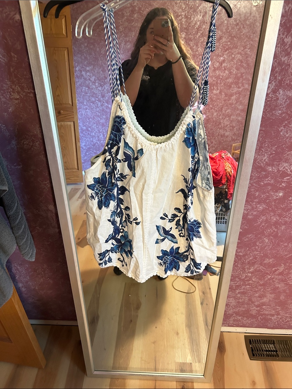 FARM Rio White Camisole with Blue Floral Embroidery